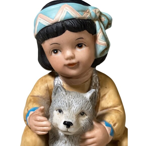 Homco Art Bisque Porcelain Native American Boy Figurine With Wolf Cub 1428 - Picture 3 of 13